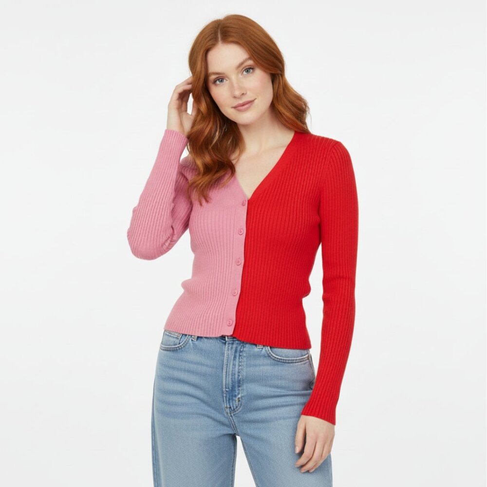 Lulus Pink & Red Colorblock Ribbed Knit Cardigan Top Size M